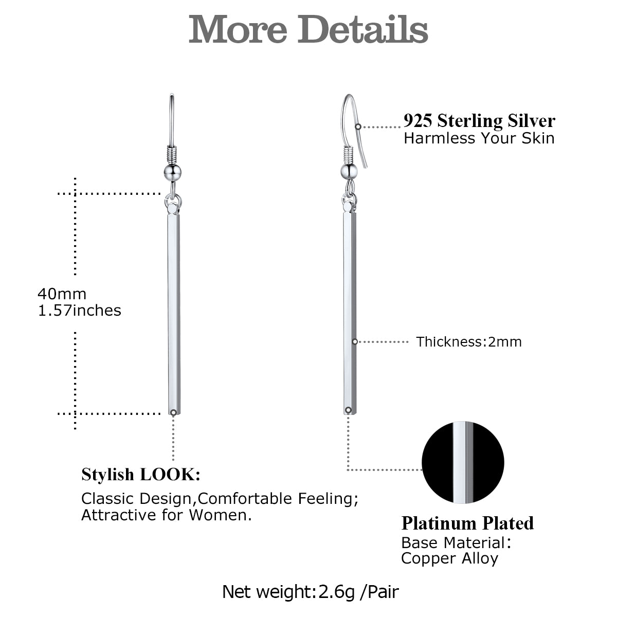 Long Vertical Bar Dangle Earrings Dimenision, Durable, Lightweight