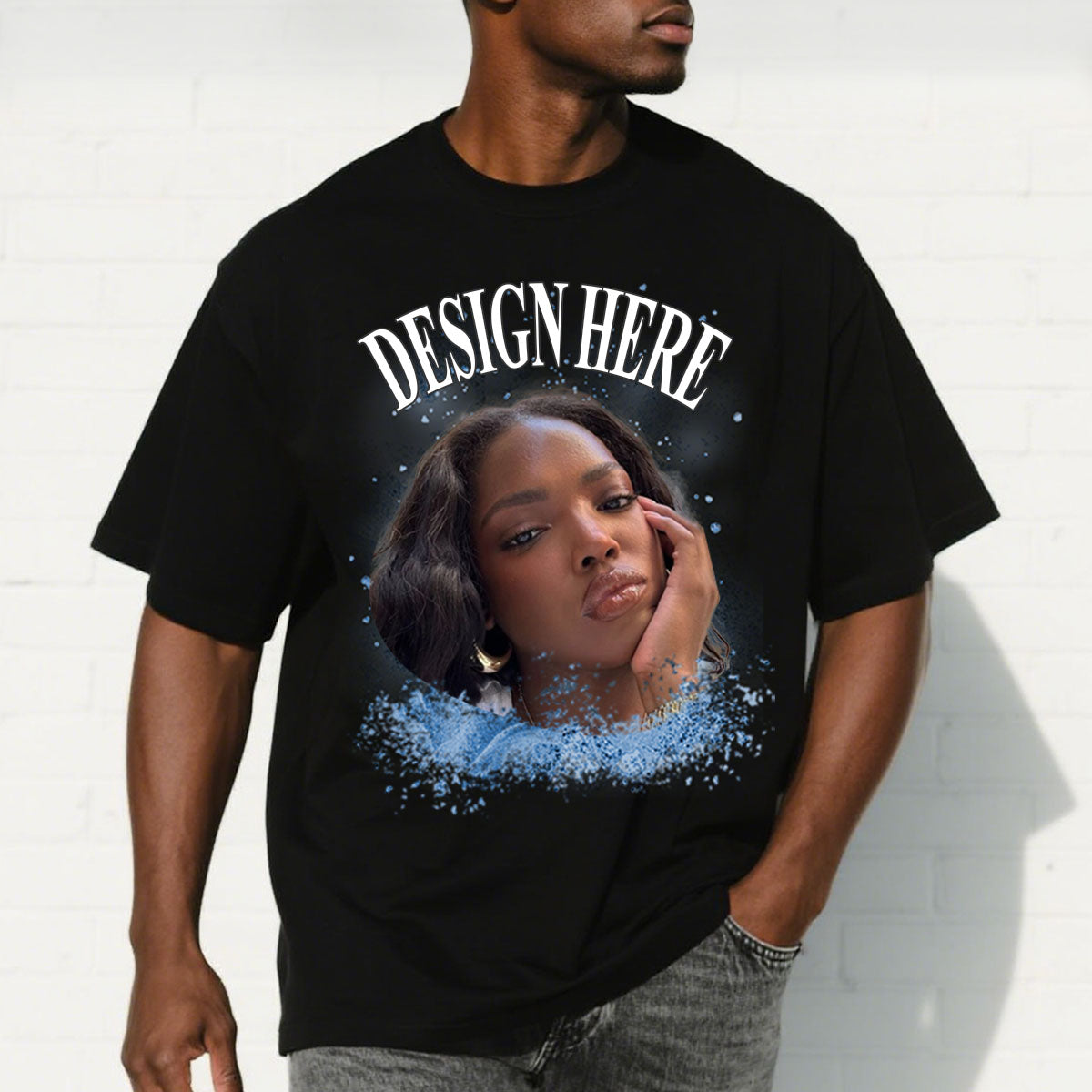 Man Wearing Custom Photo and Text T-Shirts 