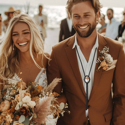 Man Wearing Genunie Leather Photo Bolo Ties for Men