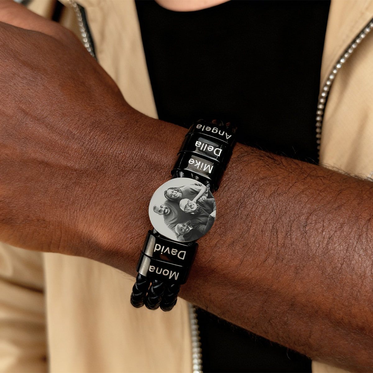 Man Wearing Leather Photo Bracelet with Engraving Beads