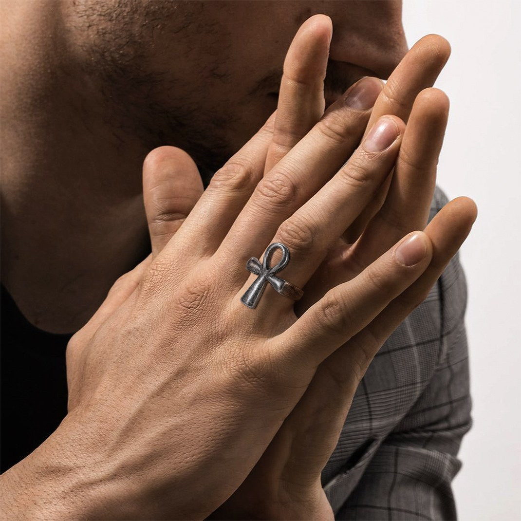 Man Wearing Personalized Ankh Cross Ring