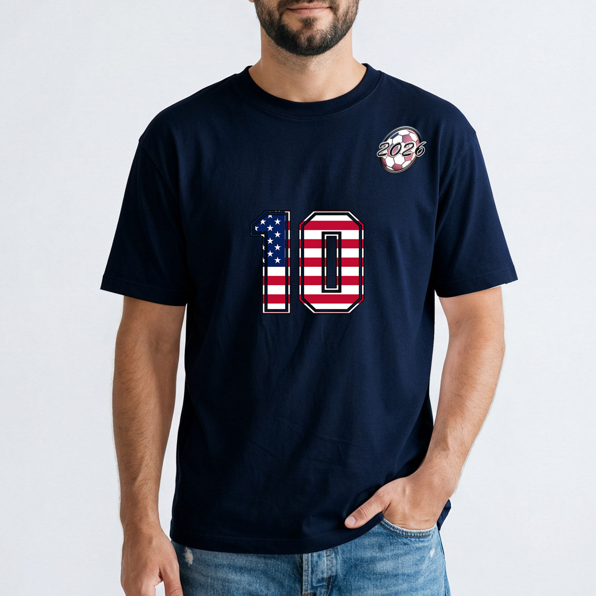 Man wearing a navy blue t-shirt with a large number '10' in American flag design on a white background