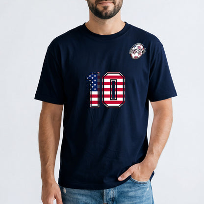 Man wearing a navy blue t-shirt with a large number '10' in American flag design on a white background