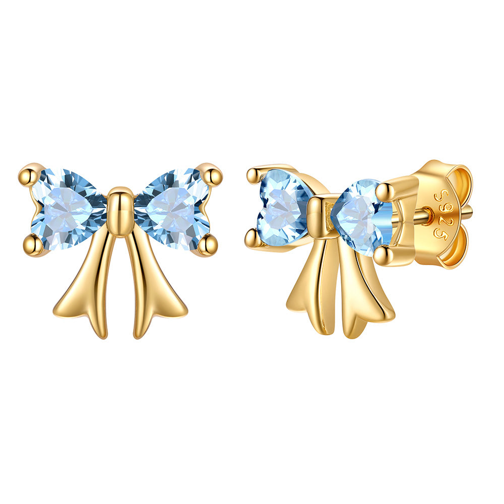 March Birthstone Bow Earrings Gold Plated