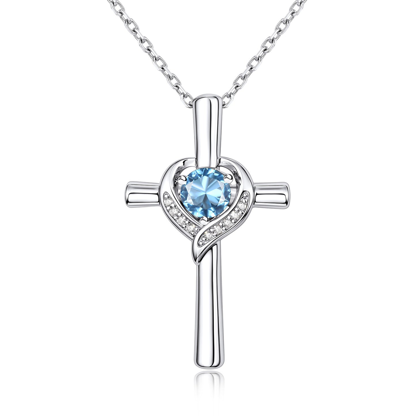 March Birthstone Cross Necklace For Women on a white background