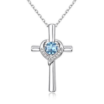 March Birthstone Cross Necklace For Women on a white background