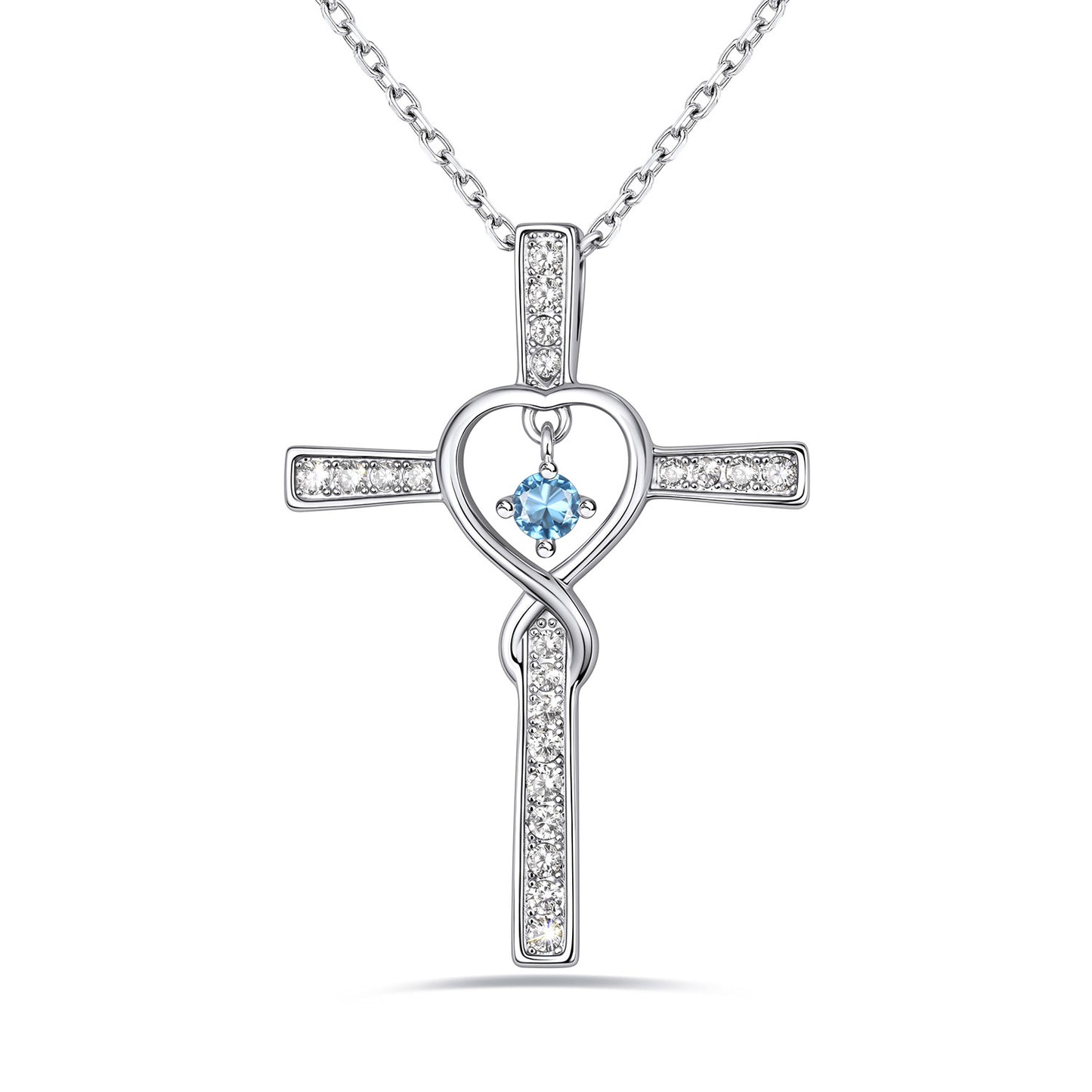 March Birthstone Infinity Cross Necklace For Women on a white background