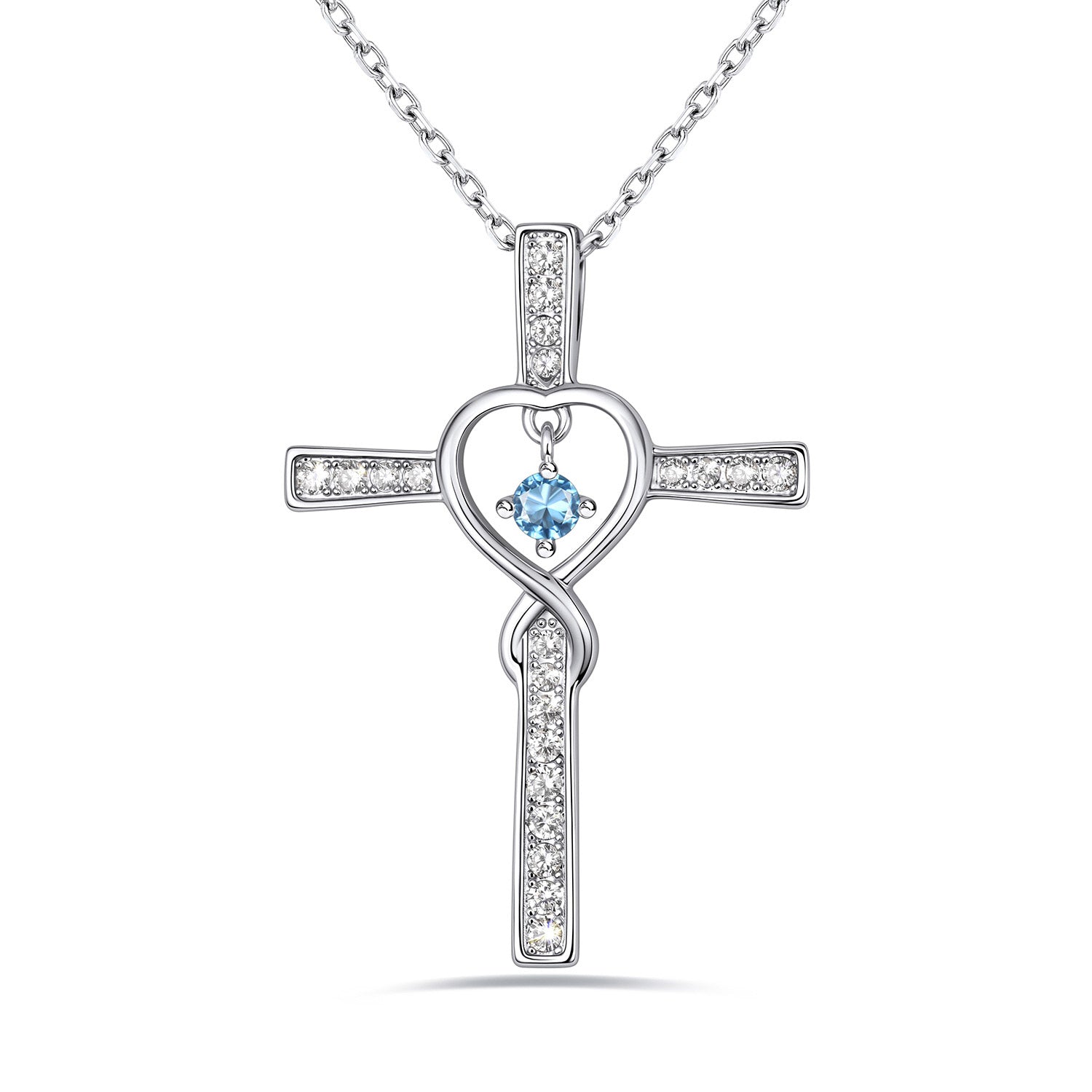 March Birthstone Infinity Cross Necklace For Women on a white background