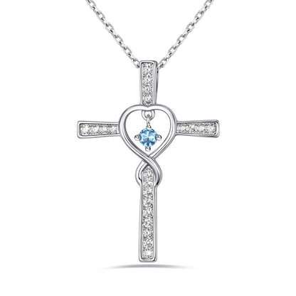 March Birthstone Infinity Cross Necklace For Women on a white background