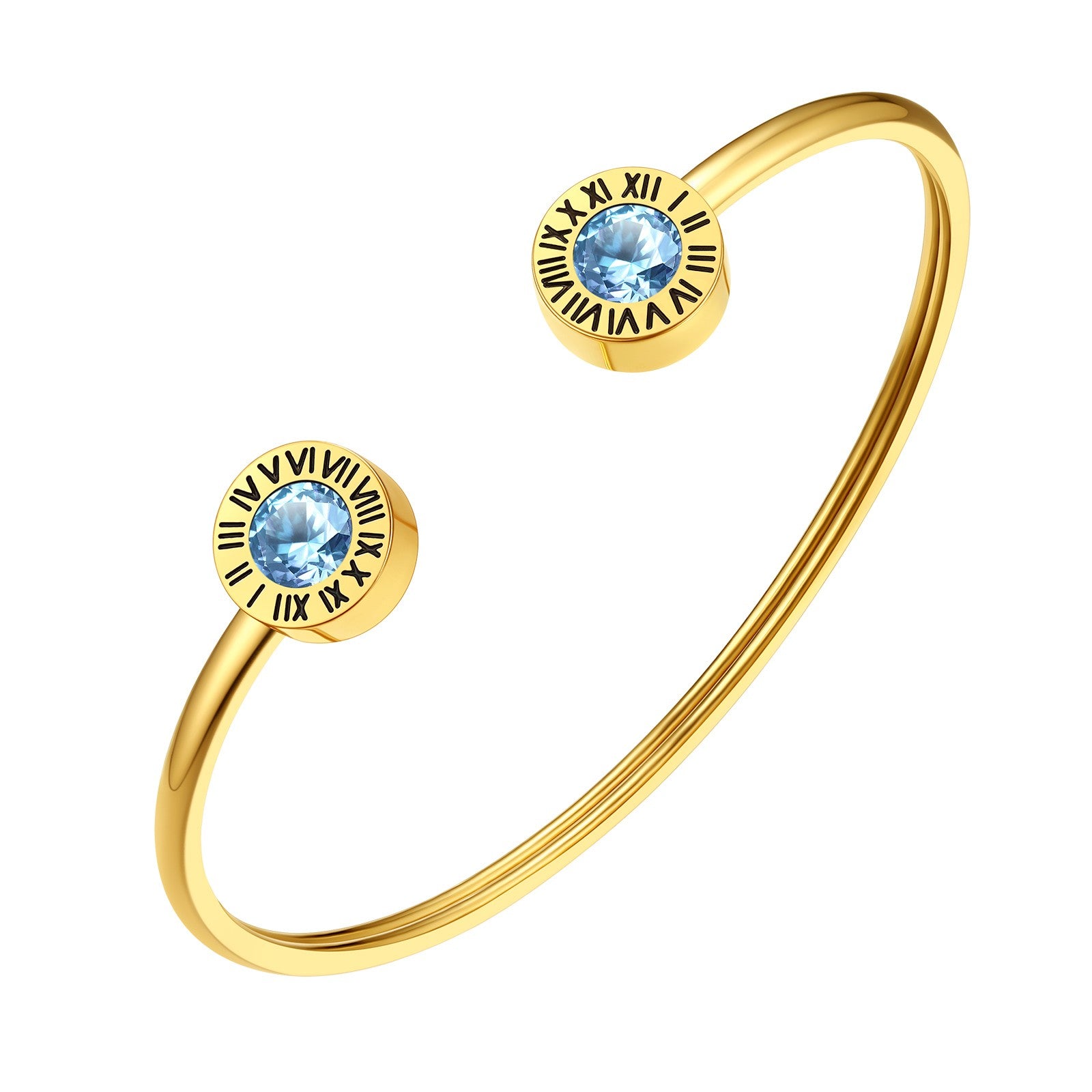 March Roman Numerals Birthstones Cuff Bracelet Gold