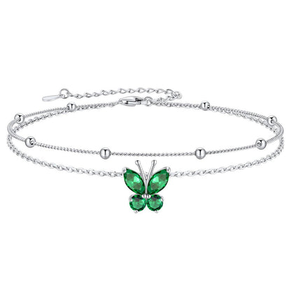 925 Sterling Silver Birthstone Butterfly Layered Anklet For Women