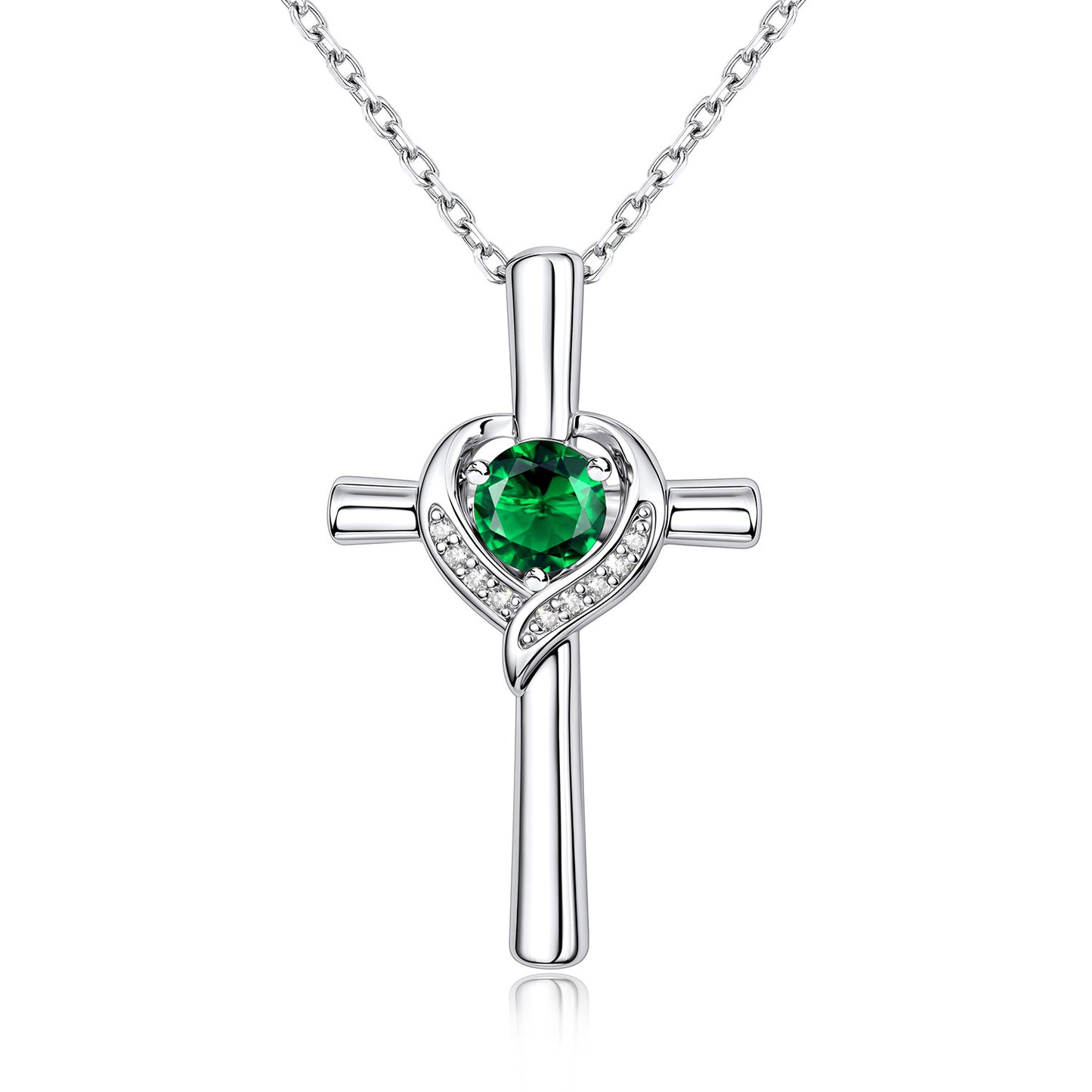 May Birthstone Cross Necklace For Women on a white background