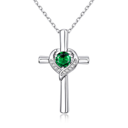 May Birthstone Cross Necklace For Women on a white background