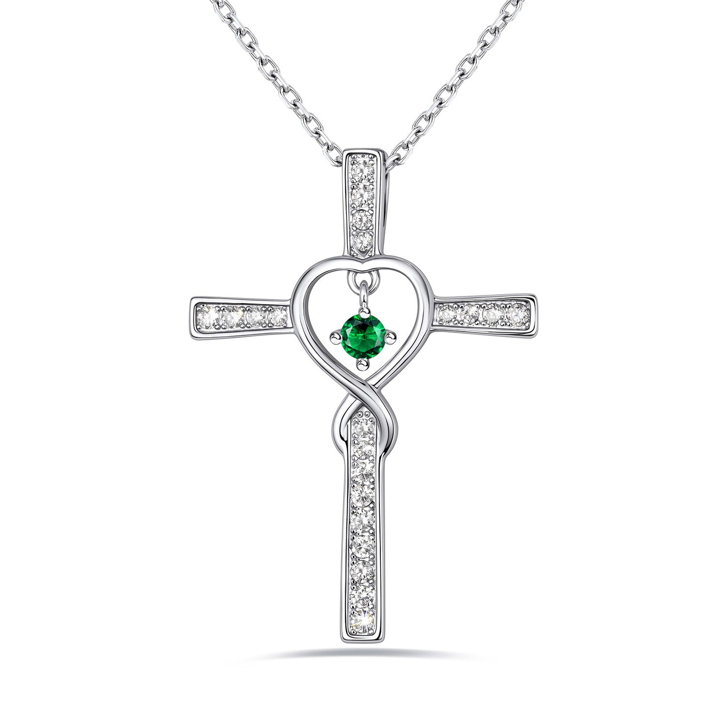 May Birthstone Infinity Cross Necklace For Women on a white background