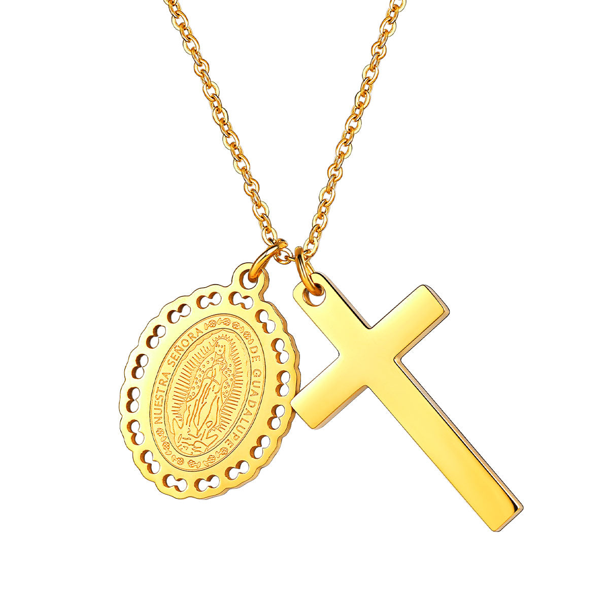 Medal Virgin Mary Necklaces with Cross Gold Plated