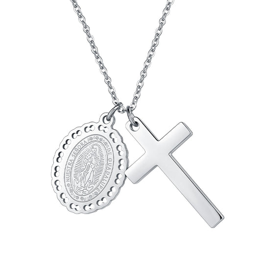 Medal Virgin Mary Necklaces with Cross Steel