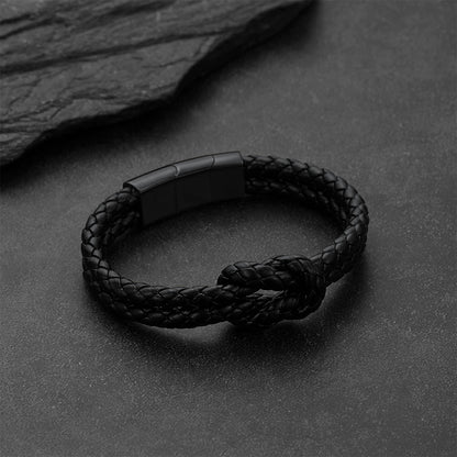 Men’s Black Leather Knot Bracelet with Double-Row Braided Design