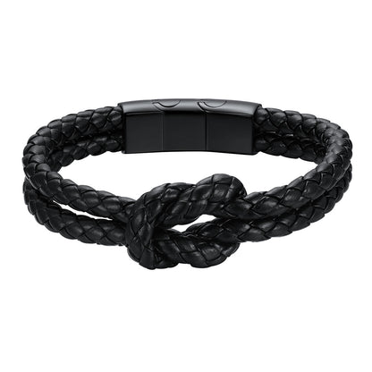 Men’s Black Leather Knot Bracelet with Double-Row Braided Design on a white background