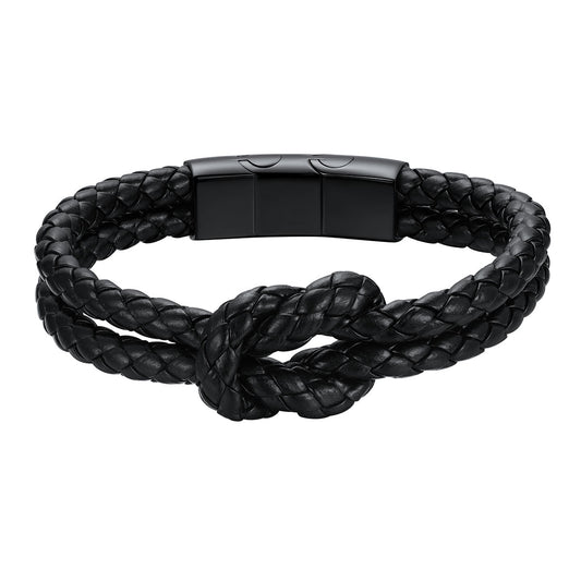 Men’s Black Leather Knot Bracelet with Double-Row Braided Design on a white background