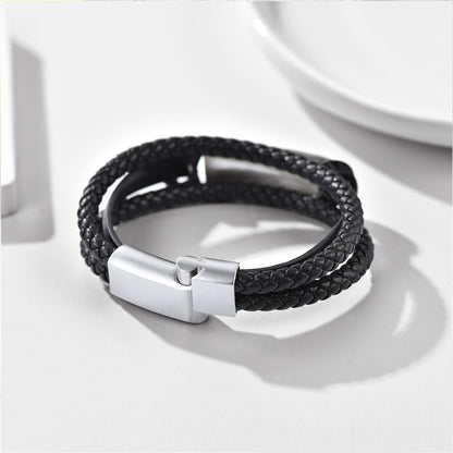 Mens Engraving Leather Braided Bracelet