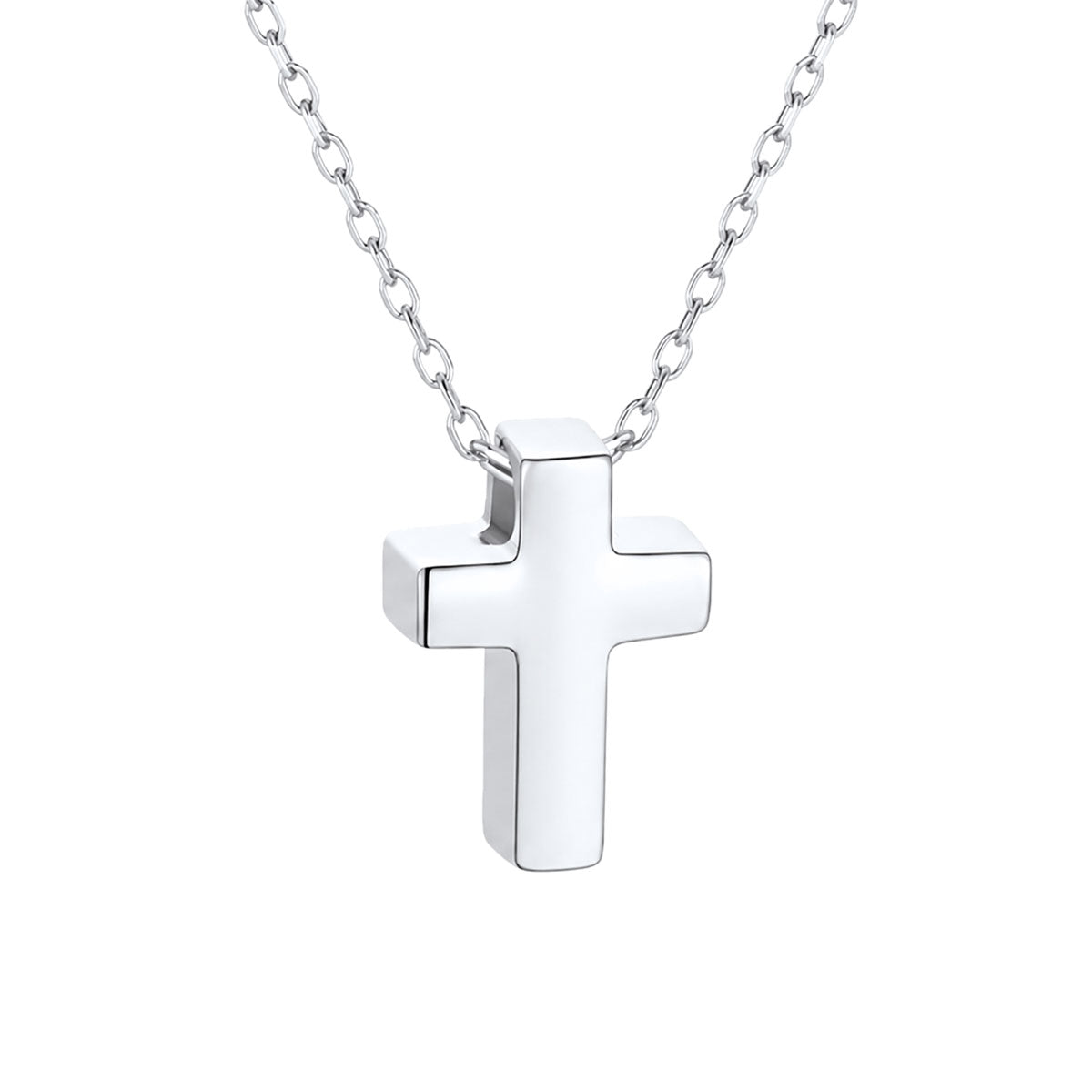 Silver cross pendant necklace on a white background