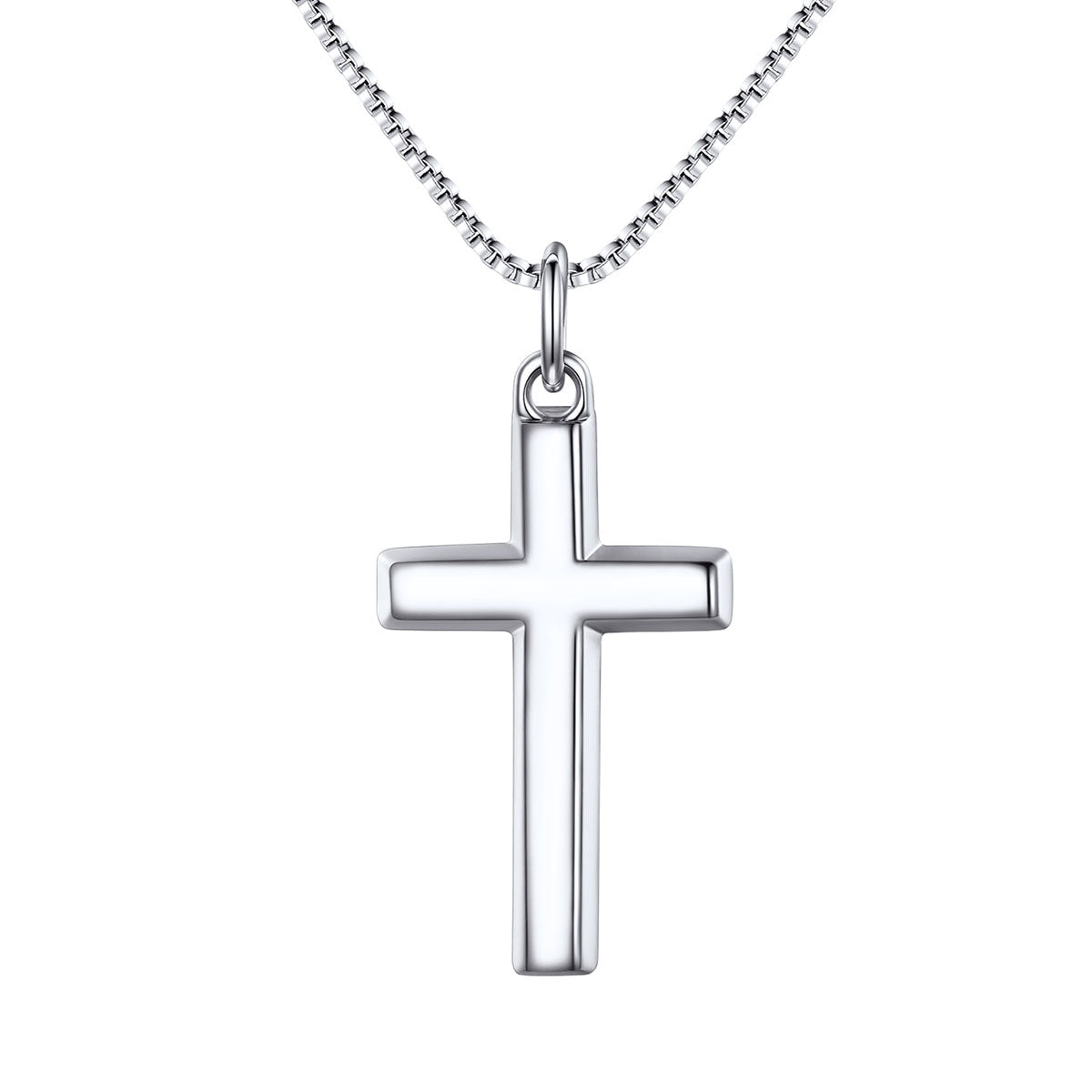 Silver cross pendant on a chain against a white background