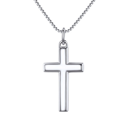 Silver cross pendant on a chain against a white background