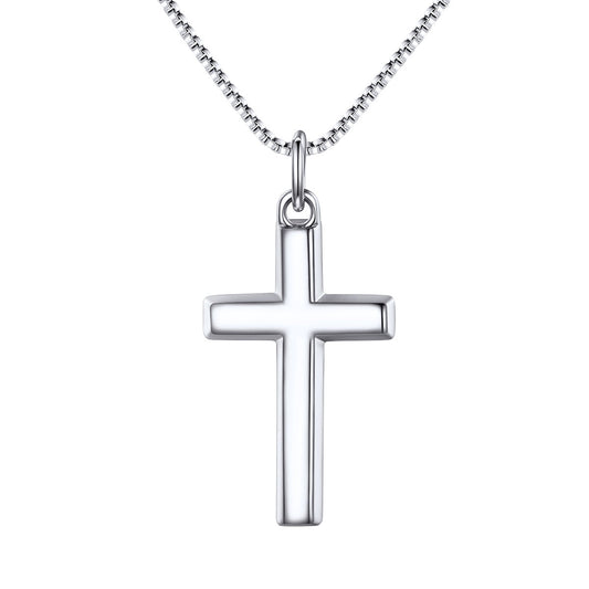 Silver cross pendant on a chain against a white background