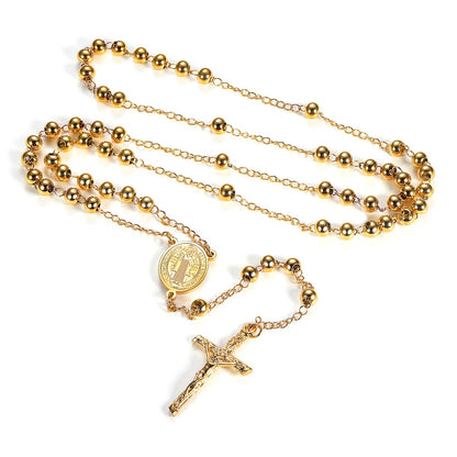 Miraculous Medal Saint Benedict Rosary Beads Necklace with Cross Gold Plated
