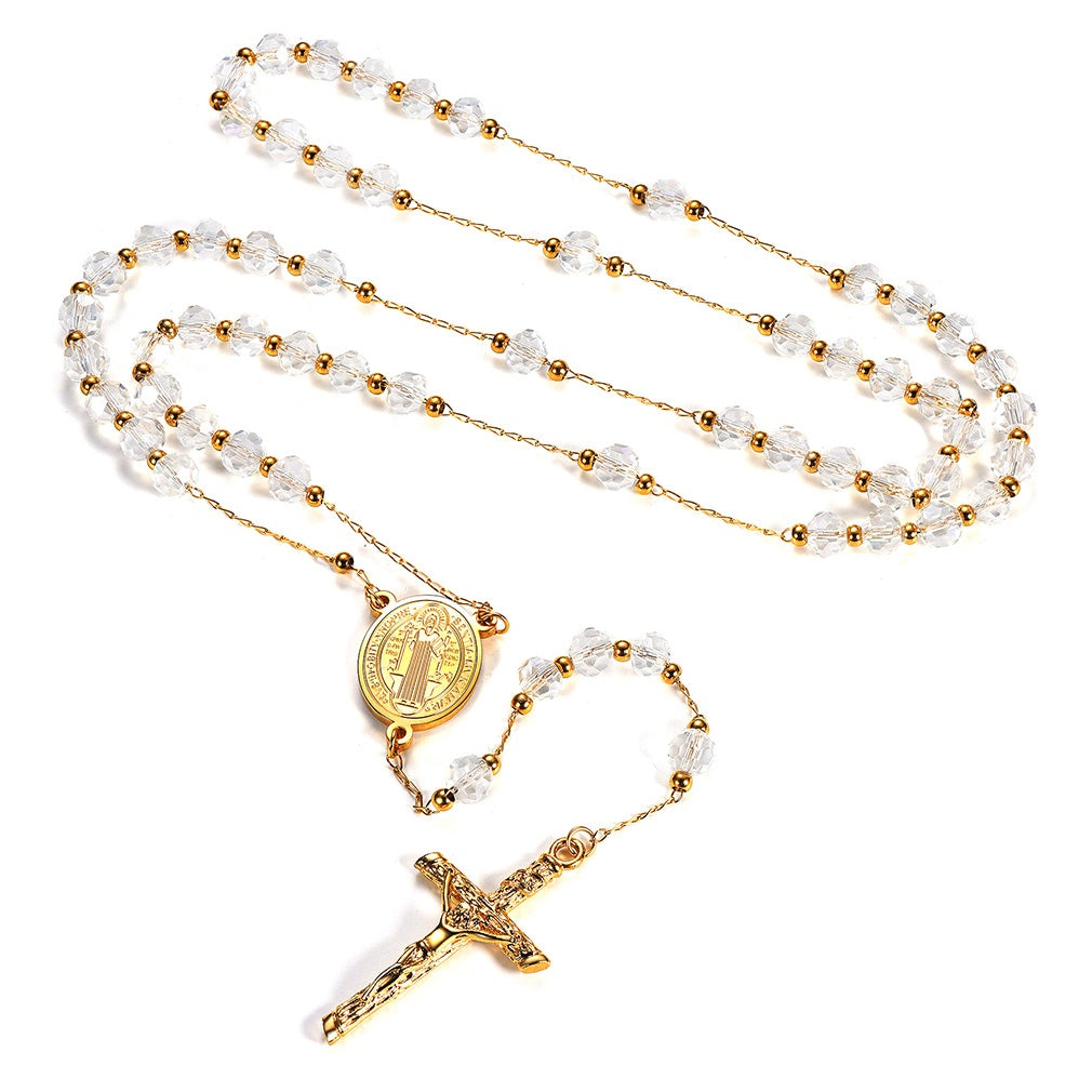 Miraculous Medal Saint Benedict Rosary Beads Necklace with Cross White Beads