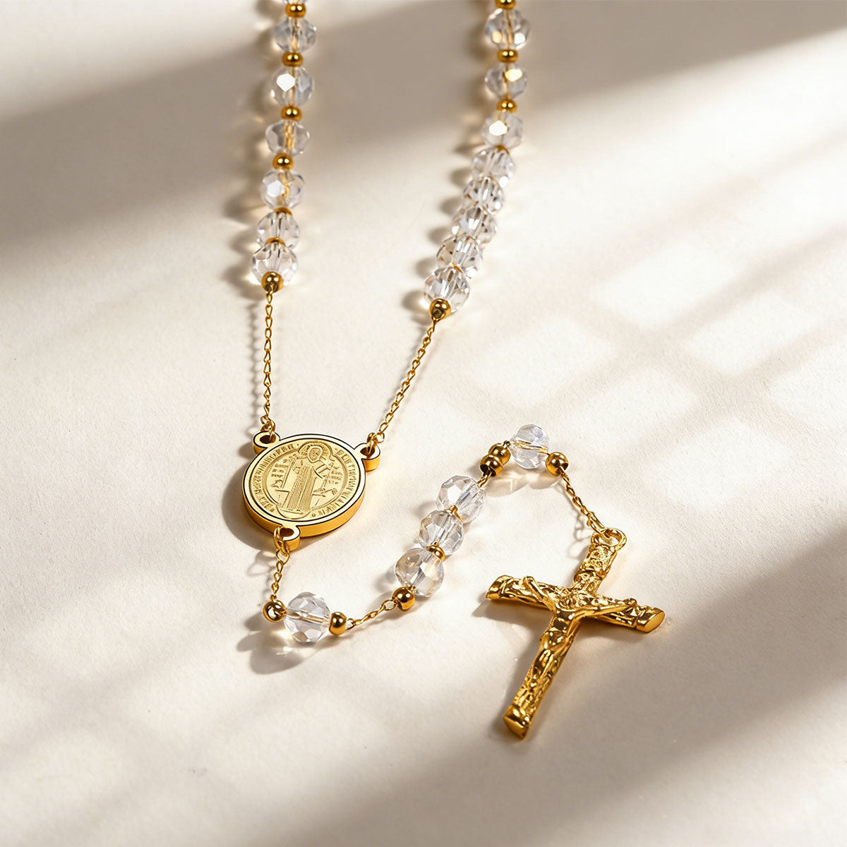 Miraculous Medal Saint Benedict White Rosary Beads Necklace with Cross 
