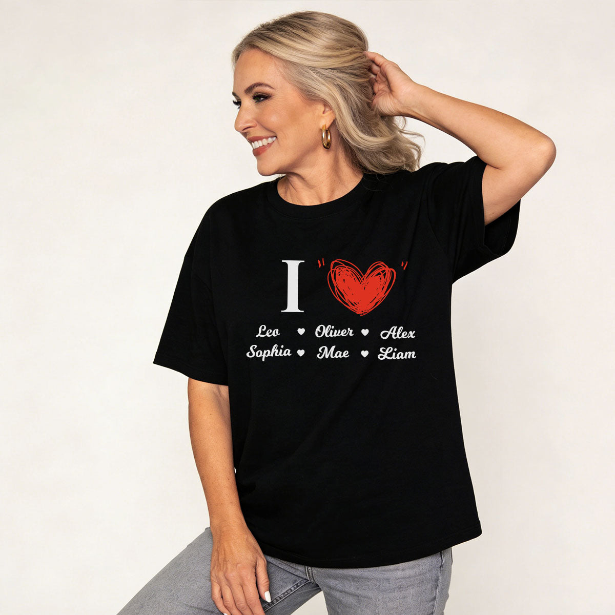 Mom Wearing Black T shirt Personalized Name Heart T Shirt with 1-6 Names