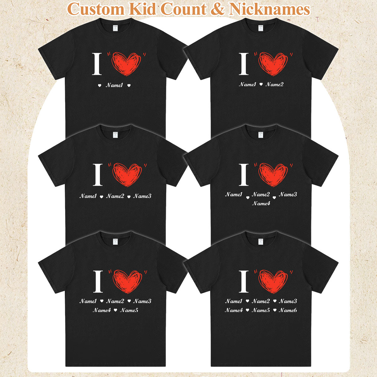 Mom Wearing Black T shirt Personalized Name Heart T Shirt with 6 Names