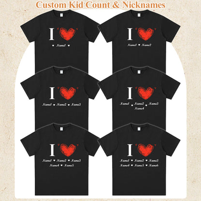 Mom Wearing Black T shirt Personalized Name Heart T Shirt with 6 Names