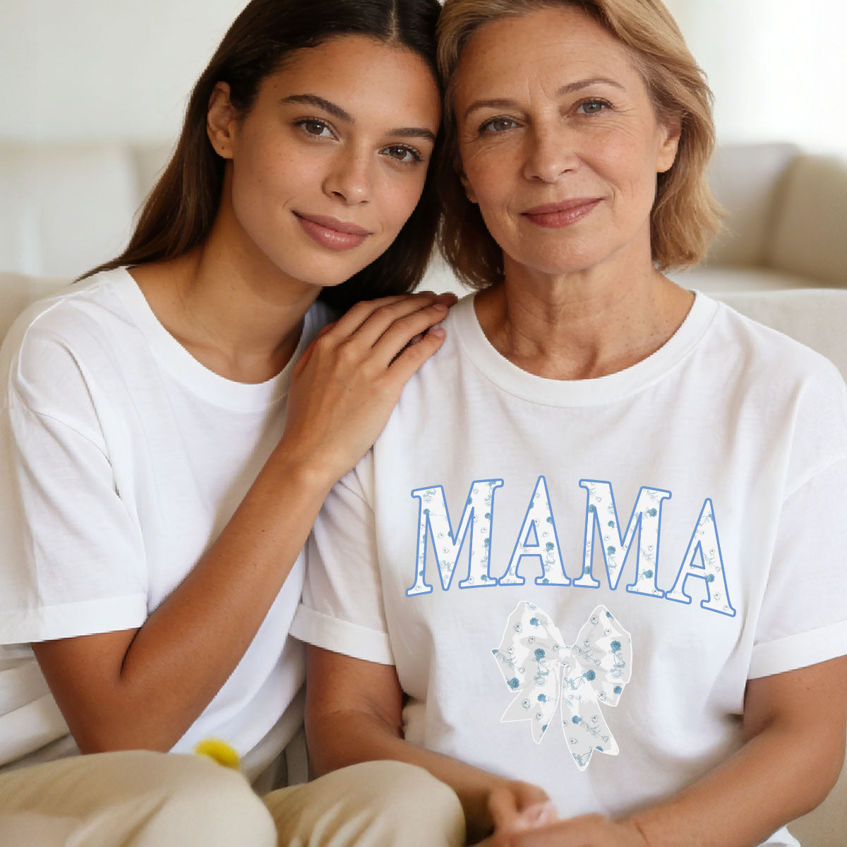 Mom Wearing Custom Name Mom Bow T Shirt with 1-6 Names
