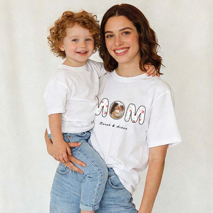 Mom Wearing Custom Photo Black T Shirt with 1-6 Names