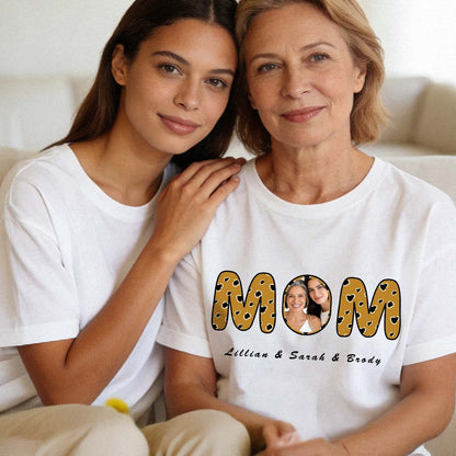 Mom Wearing Photo Black T Shirt with 1-6 Names