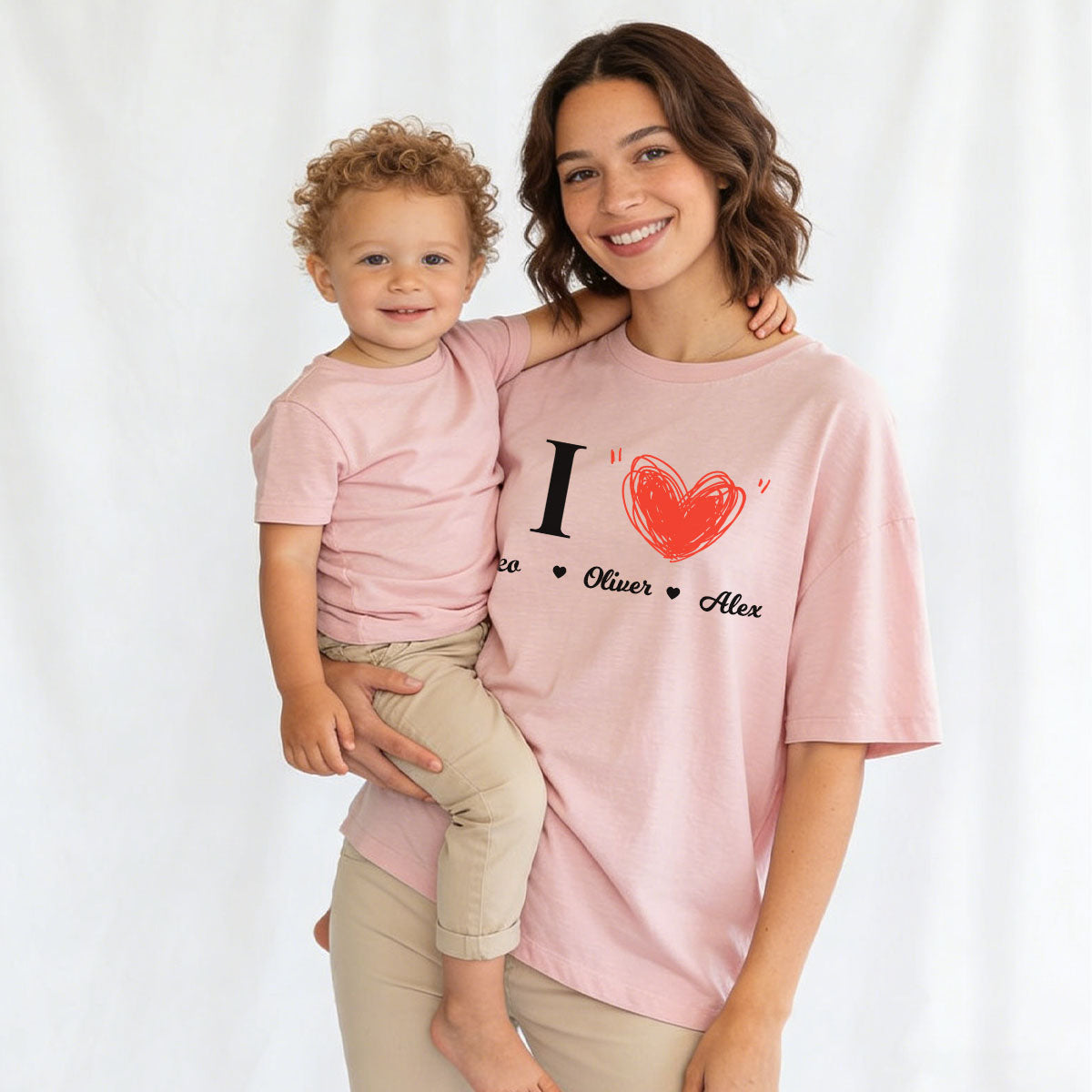 Mom Wearing Pink T shirt Personalized Name Heart T Shirt with 1-6 Names