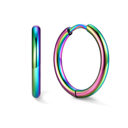 Multicolored 14mm hoop earrings on a white background