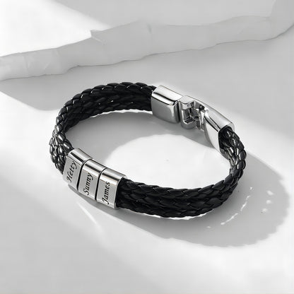 Name Beads Leather Braided Layer Bracelet Stainless Steel