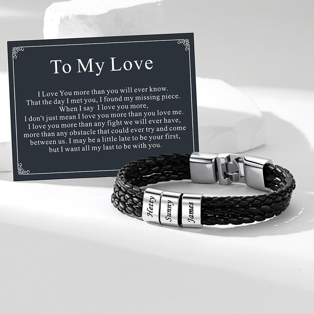 Name Beads Leather Braided Layer Bracelet with greeting card