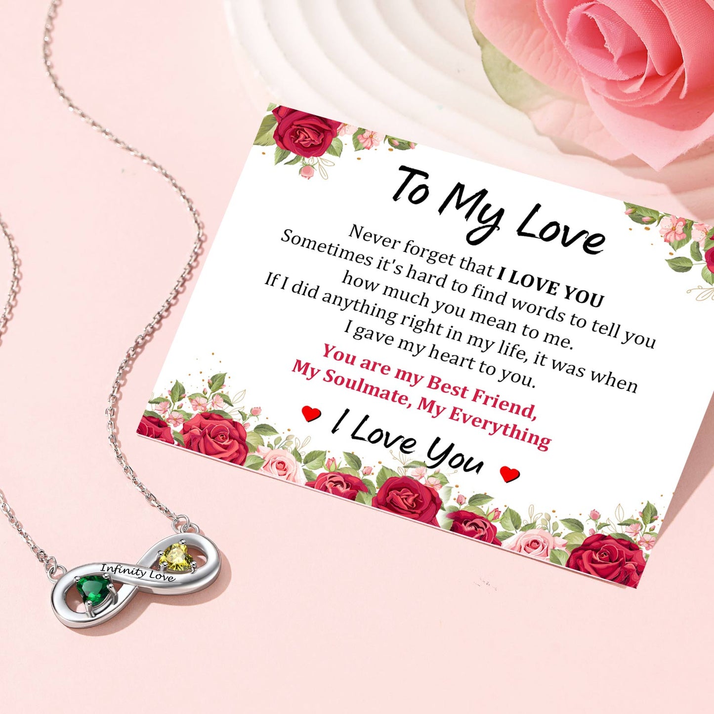 Name Birthstone Infinity Pendant Necklace with greeting card