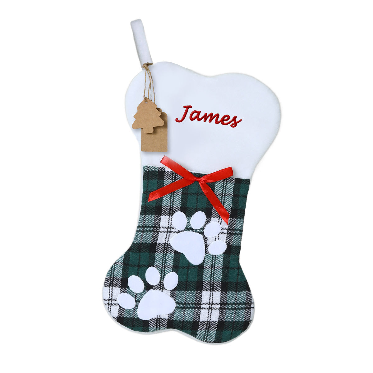 Name Bone Shape Green Grid Christmas Stockings 