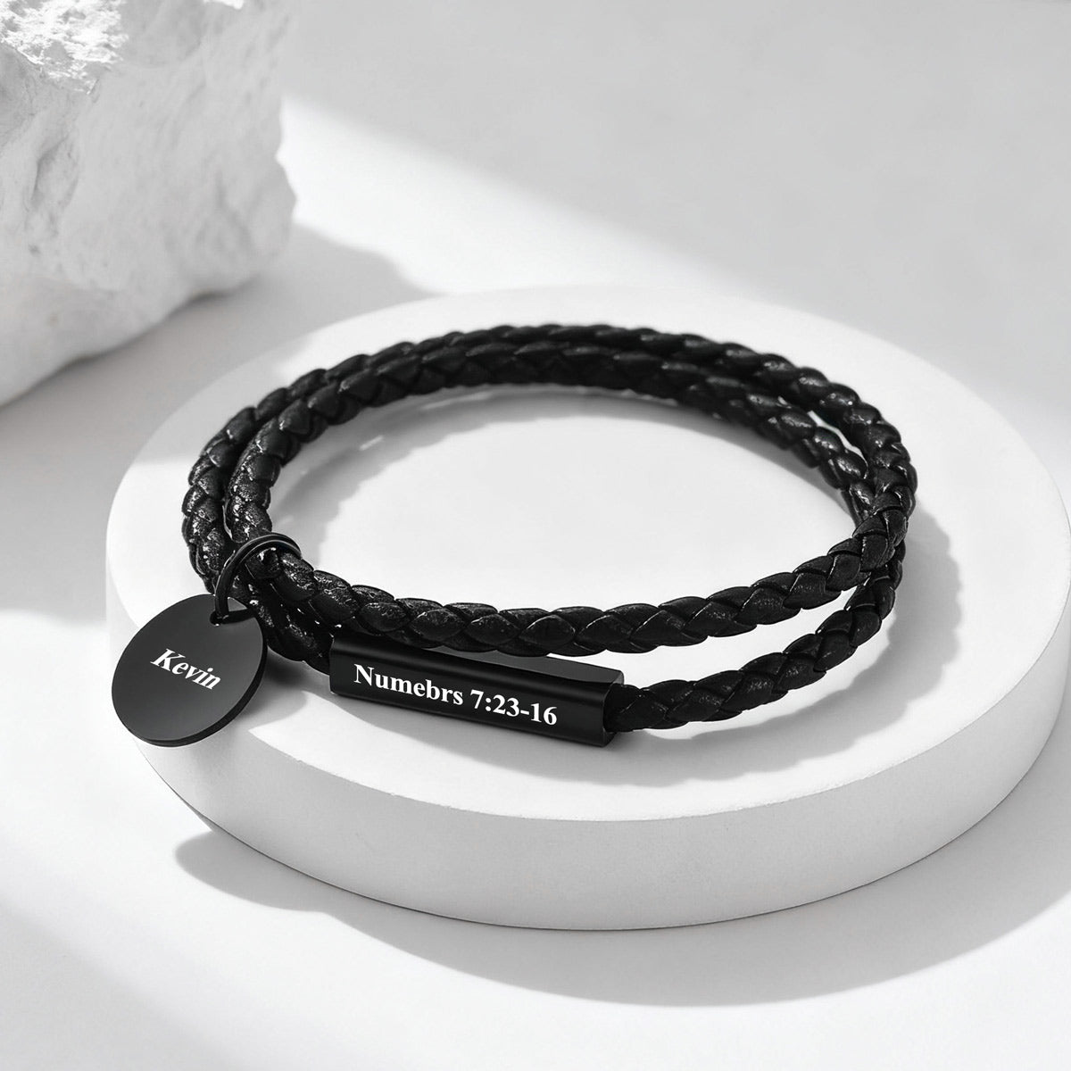 Name Plate Leather Bracelet in Black Plated