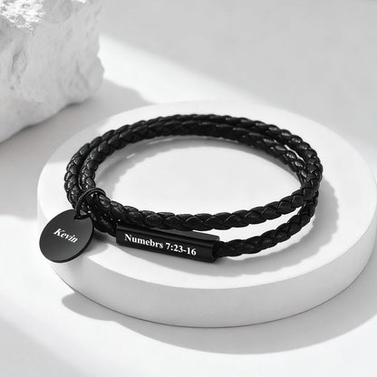 Name Plate Leather Bracelet in Black Plated