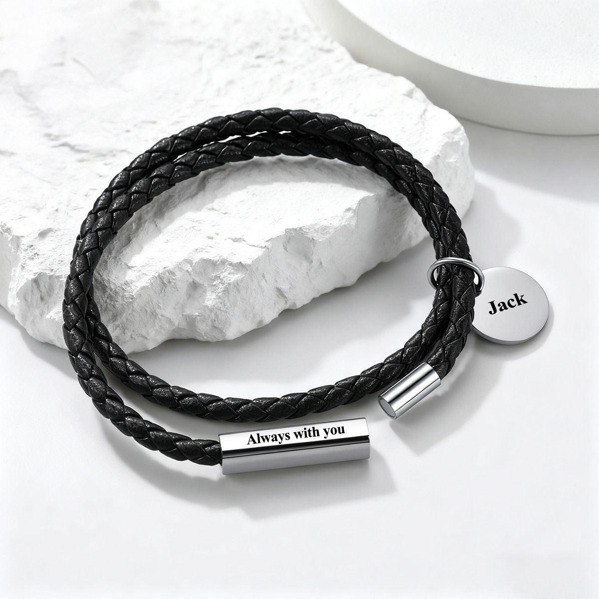 Name Plate Leather Bracelet in Stainless Steel