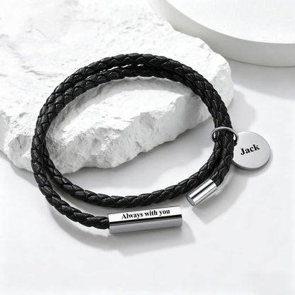 Name Plate Leather Bracelet in Stainless Steel