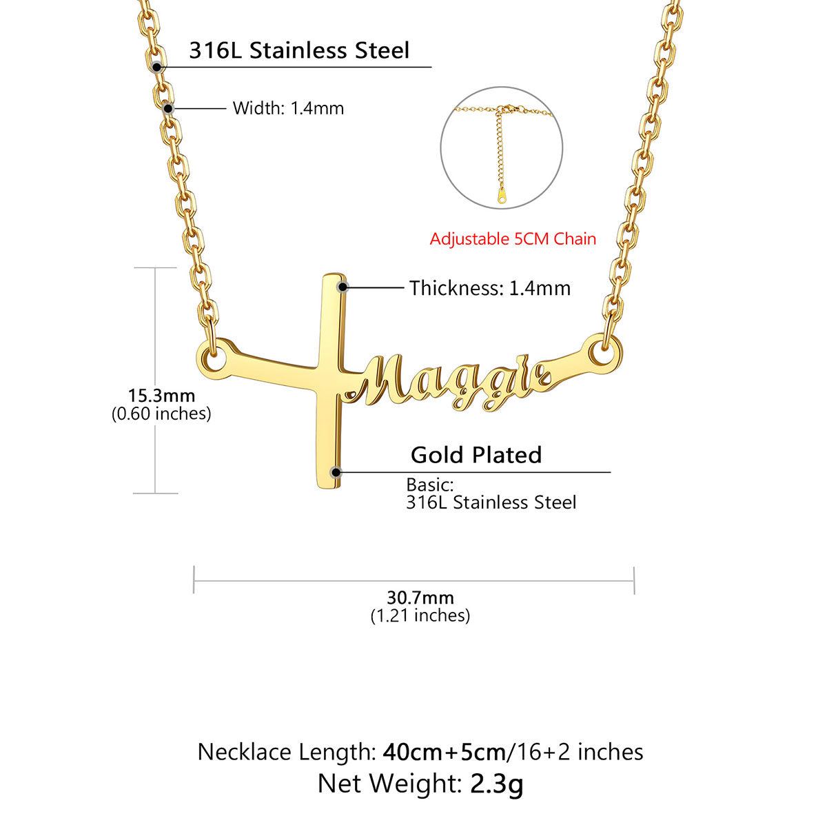Name Sideways Cross Necklace Dimension, Durable