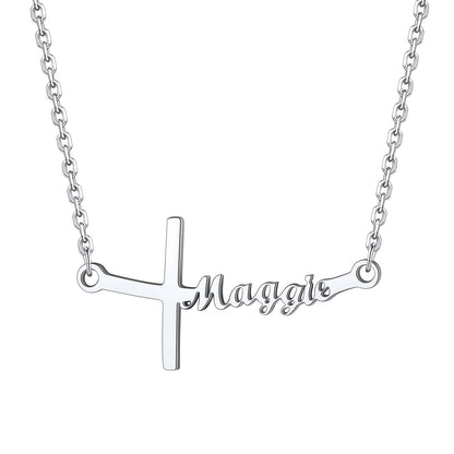 Name Sideways Cross Necklace Steel
