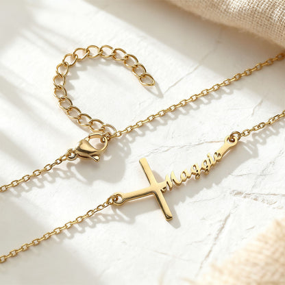 Name Sideways Cross Necklace in Gold Plated
